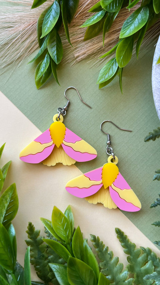 Rosy Maple Moth Earrings | Fluffy Silk Moth Insect Saturniidae Acrylic Earrings