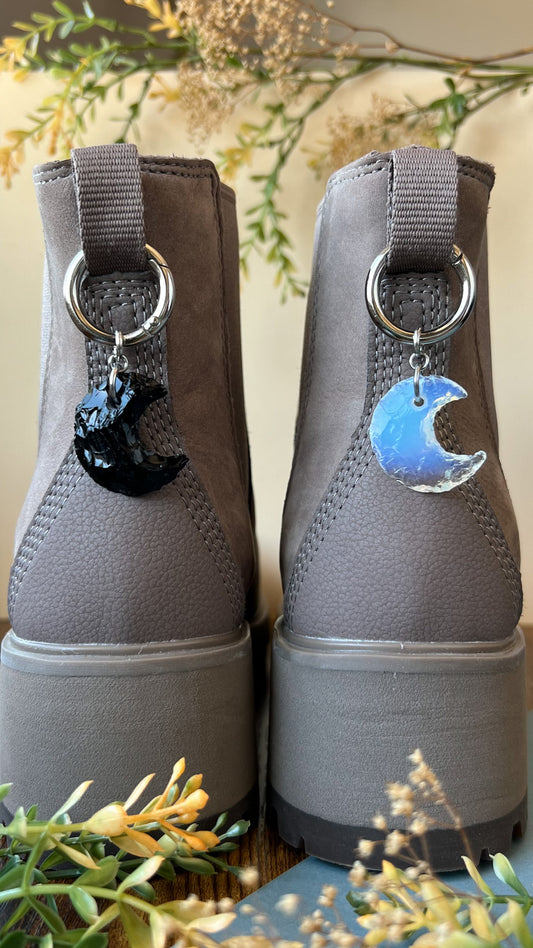 Mini Crescent Crystal Moon Boot Charm, Pull Loop Accessory, Shoe or Bag Keychain