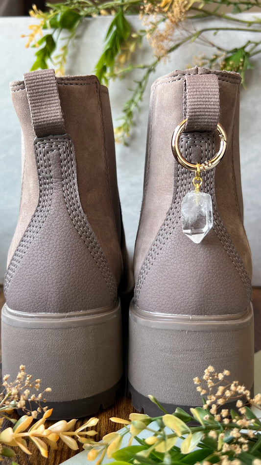 Raw Clear Quartz Point Boot Charm, Pull Loop Accessory, Crystal Shoe or Bag Charm