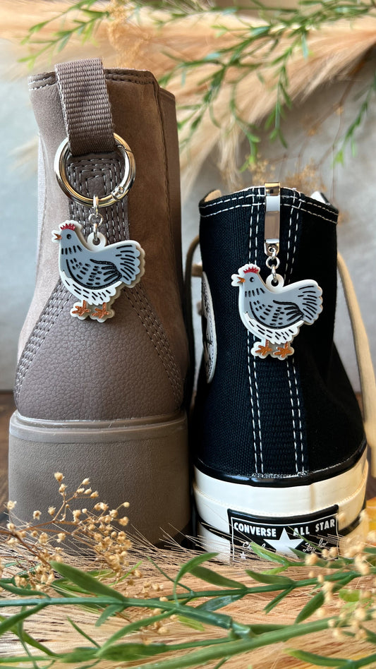 Gray Chicken Hen Shoe Accessory | Pull Loop, Shoe Charm, High Top Sneaker or Boot Clip, Shoe or Bag Keychain
