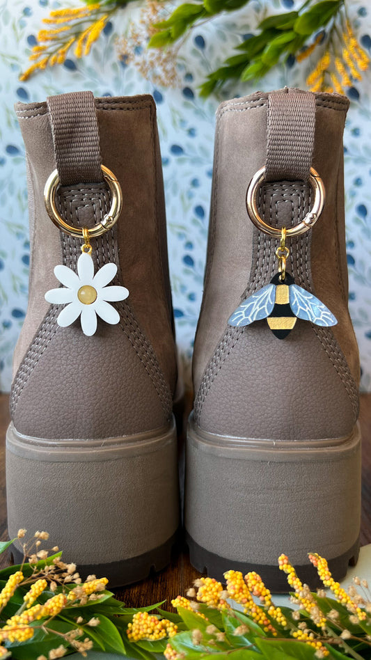 SET | Bee and Daisy with Honey Calcite Crystal Boot Charms, Pull Loop Accessory, Shoe or Bag Keychain