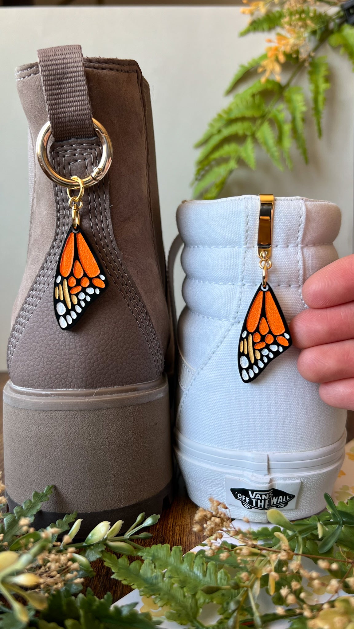 Orange Monarch Butterfly Wing Shoe Accessory | Pull Loop, Shoe Charm, High Top Sneaker or Boot Clip, Shoe or Bag Keychain
