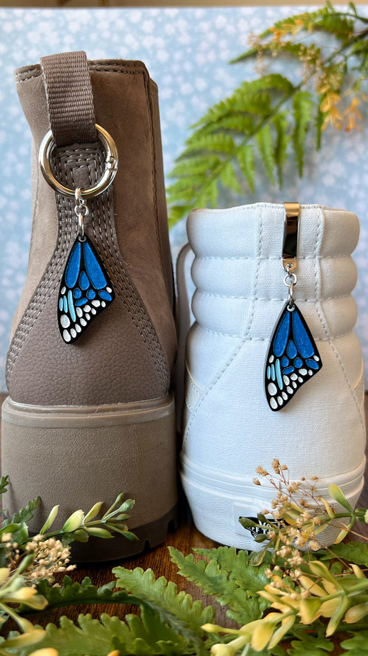 Blue Butterfly Wing Shoe Accessory | Pull Loop, Shoe Charm, High Top Sneaker or Boot Clip, Shoe or Bag Keychain
