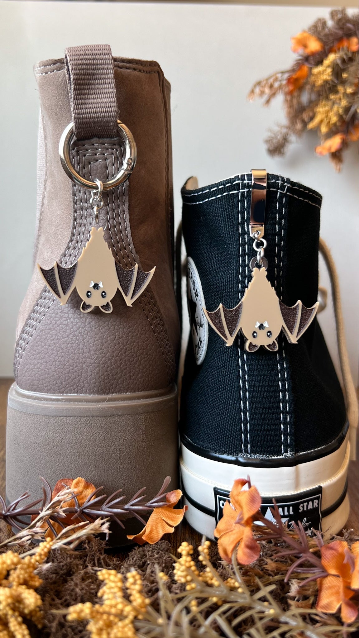 Hanging Brown Bat Shoe Accessory | Pull Loop Boot Charm, Shoe Charm, High Top Sneaker or Boot Clip, Acrylic Shoe Keychain