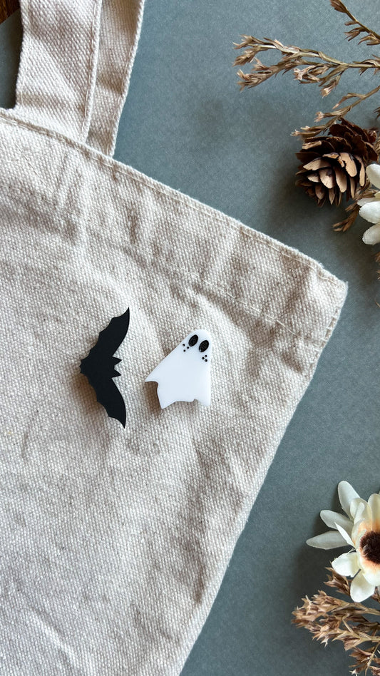 Ghost or Bat Pin | Simple Black Bat or Cute Freckled Ghoul Acrylic Bag Pocket Pins