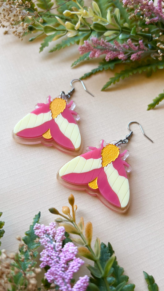 Bright Rosy Maple Moth Earrings | Fluffy Pink Silk Moth Insect Saturniidae Acrylic Earrings