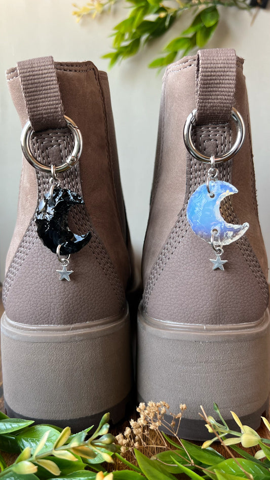 Mini Crescent Crystal Moon Boot Charm, Pull Loop Shoe Accessory, Crystal Shoe Keychain