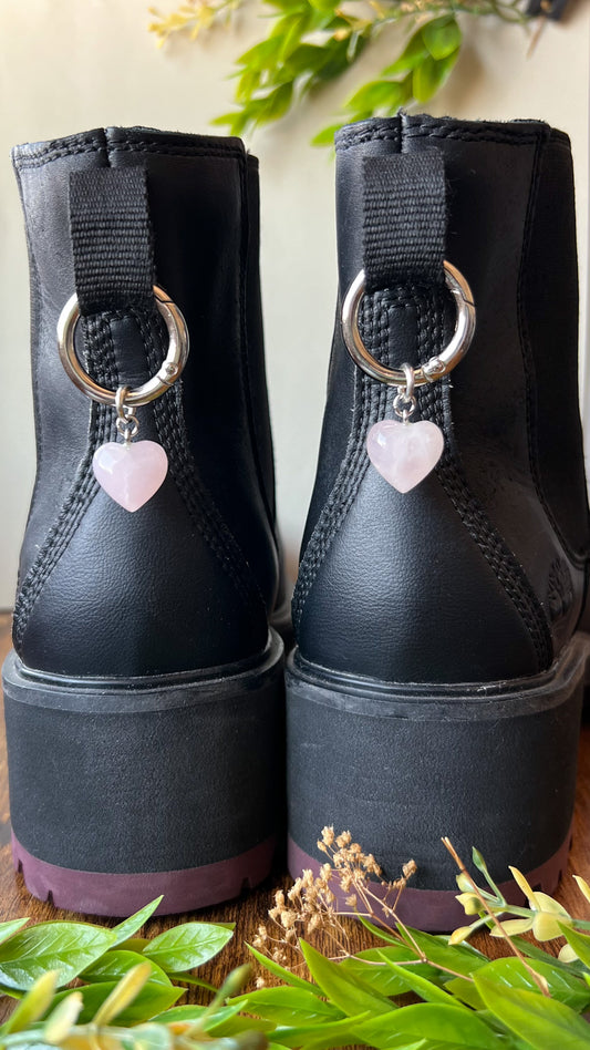 SET | Mini Rose Quartz Crystal Heart Boot Charm, Pull Loop Shoe Accessory, Crystal Shoe Keychain