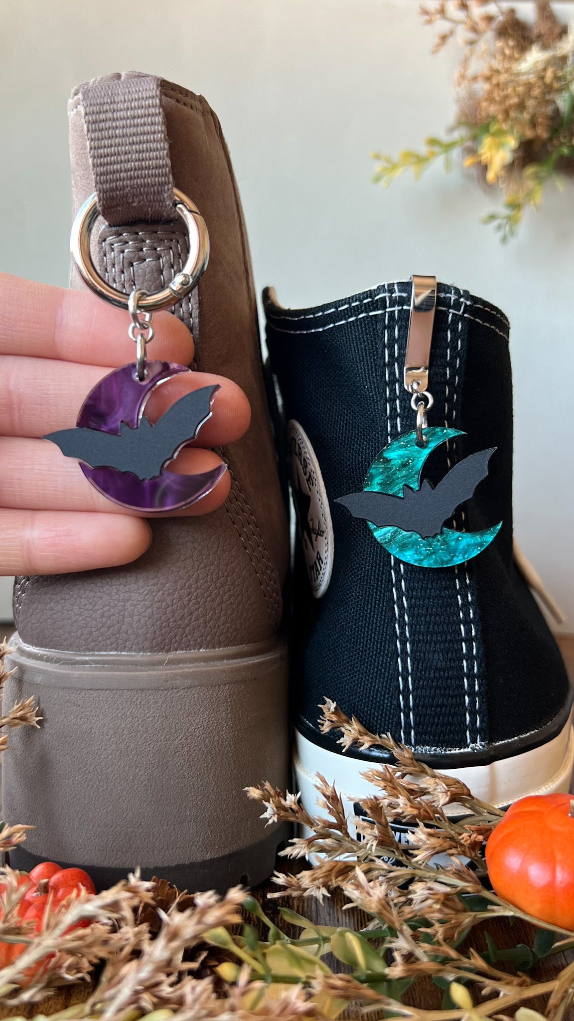 Moon / Bat Halloween Shoe Accessory | Pull Loop Boot Charm, Shoe Charm, High Top Sneaker Clip or Boot Clip, Acrylic Shoe Keychain