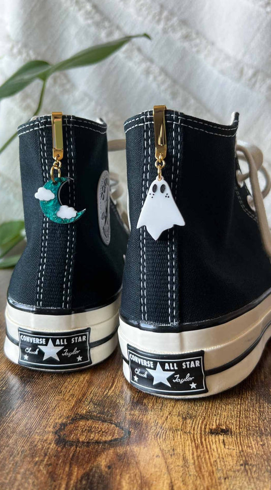 SET | Emerald Starry Moon Ghost Shoe Accessories, Shoe Charms, High Top Sneaker Clips or Boot Clips, Acrylic Shoe Keychain