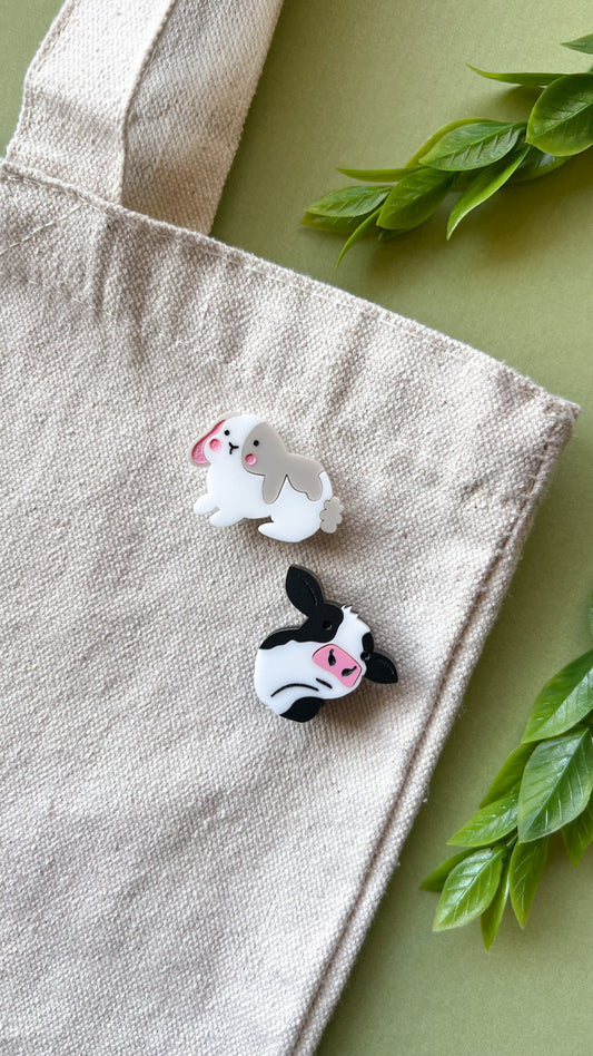 Black and White Milk Cow or Gray Bunny Rabbit | Acrylic Brooch Pins
