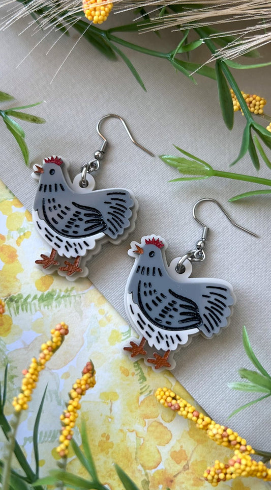Gray Hen Earrings | Chicken Farm Animal Acrylic Earrings